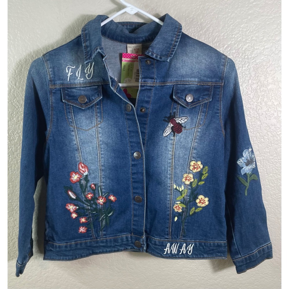 Zusu Baby Girl Size 9/10 Denim Jacket Blue Embroidered Floral Bee Fly Away NEW